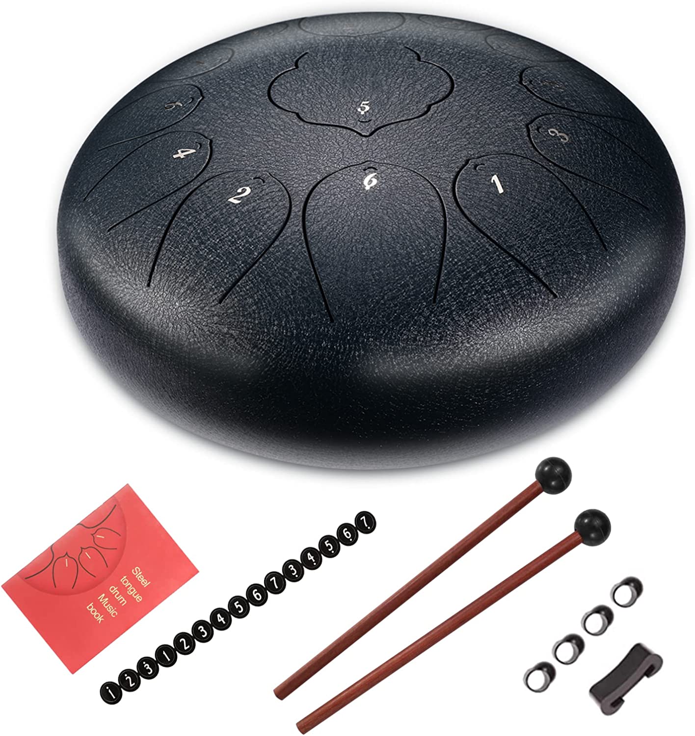 Steel tongue drum 11 notes 12 inches approx. 30.4 cm, tank drum C key, steel drum percussion instrument handpan with drumsticks, carrying case, music book, tone sticker