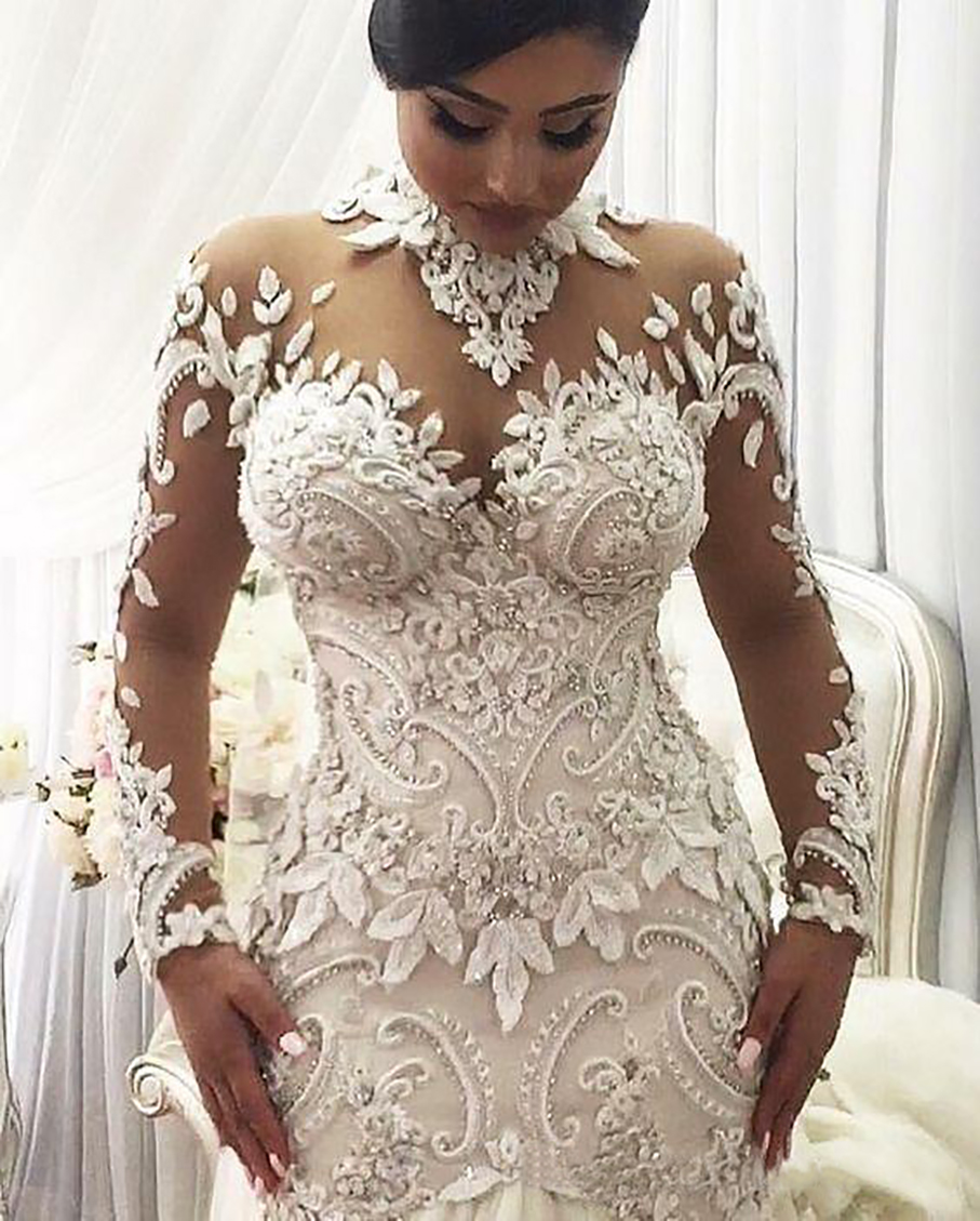 2023 Azzaria Haute Plus Size Illusion Long Sleeve Mermaid Wedding Dresses Nigeria High Neck Full back Dubai Arabic Castle Wedding Gown