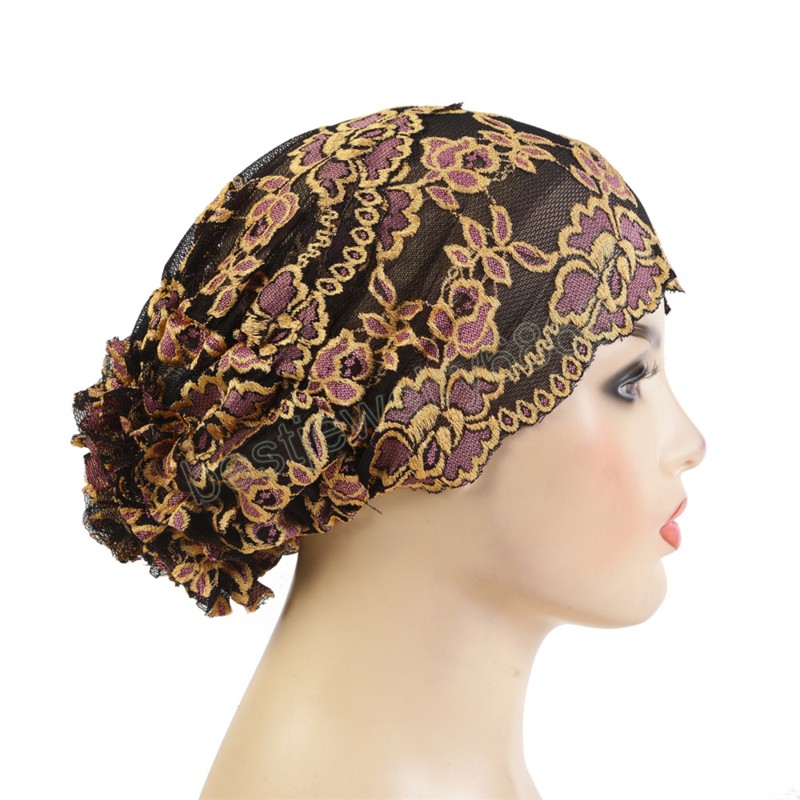 Mode femmes musulmanes chapeau intérieur Hijab dentelle casquettes Turban chapeaux sous-écharpe islamique fleur foulard enveloppement Bonnet couverture de perte de cheveux