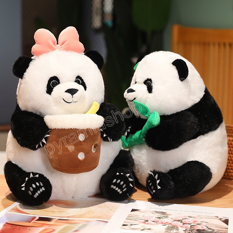 22/32 CM dessin animé peluche Panda tenant bulle tasse fleurs bambou poupées belle Panda ours oreiller jouets peluche peluche pour bébé