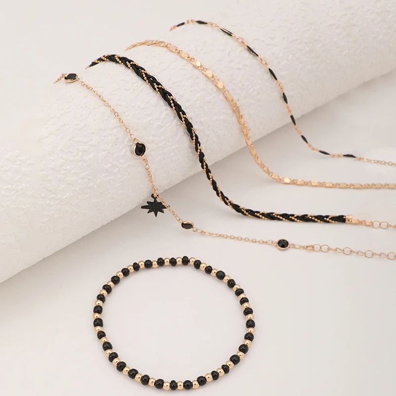 5 teile/satz Bohemian Woven Seil Fuß Kette für Männer und Frauen Geometrische Legierung Schwarz Perlen Tropfen Öl Fußkettchen Set