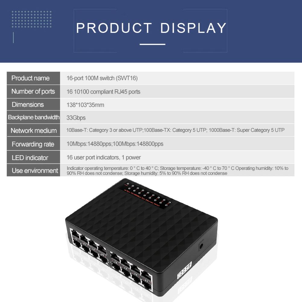 Anahtarlar 10/100Mbps 16 bağlantı noktası ağ anahtarı hızlı Ethernet LAN RJ45 VLAN HUB Masaüstü PC Switcher AB adaptörü ile