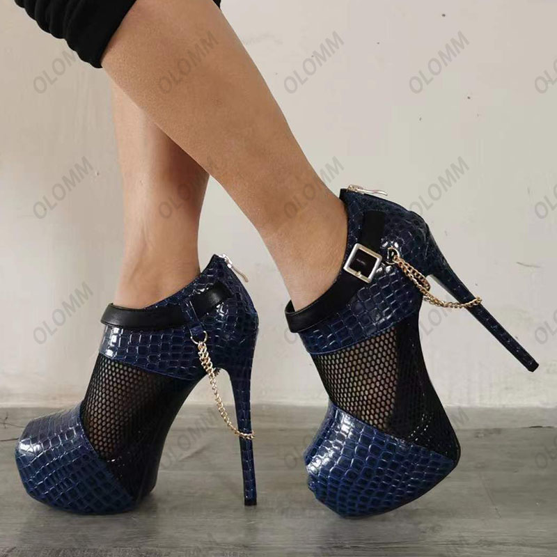 Olomm New Fashion Women Platform Pumpar Sexig kedja Stiletto klackar kikade tå underbara röda blå festskor damer oss storlek 5-20