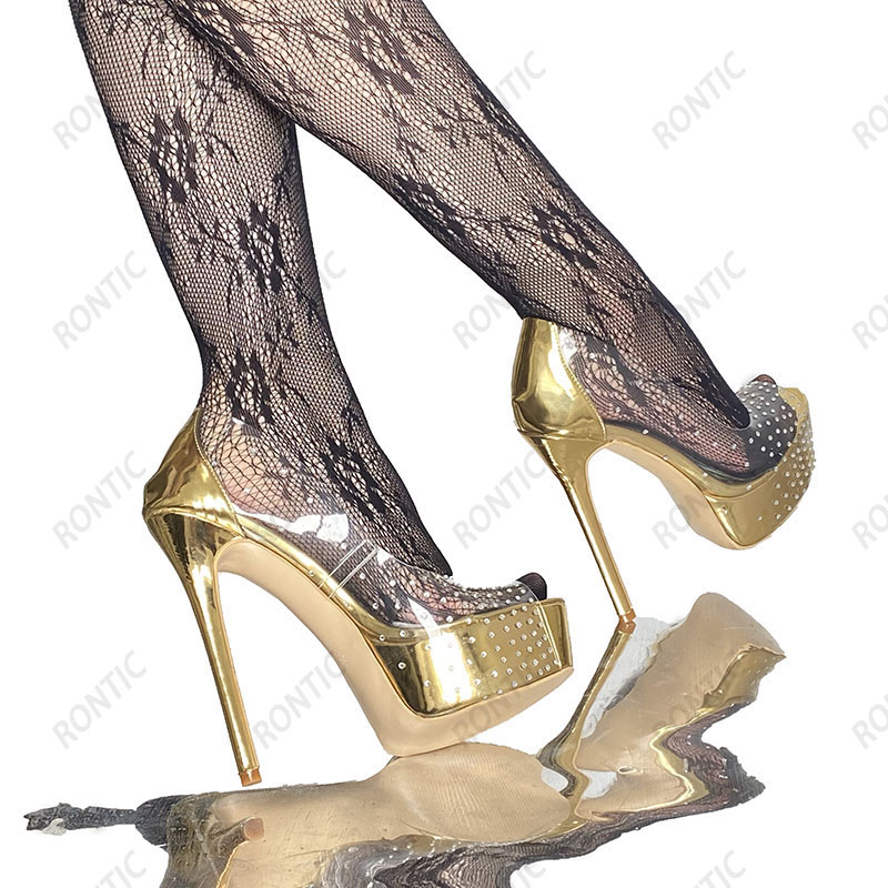 Olomm Handmade Women Spring Pumps Tacchi a spillo in PVC trasparente Peep Toe Splendido strass Club Shoes Ladies US Size 5-20