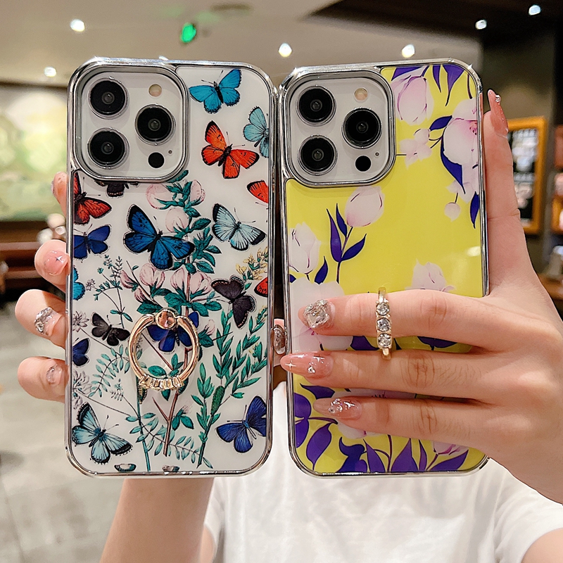 Flower Metal Pedent Ring Uchwyt do Samsung S23 Ultra S22 Plus A54 A34 A14 5G A24 A53 A13 iPhone 14 Pro Max 13 Masht Motyl PC TPU Chromed Metallic Telefon Skin Skin Skin Skin