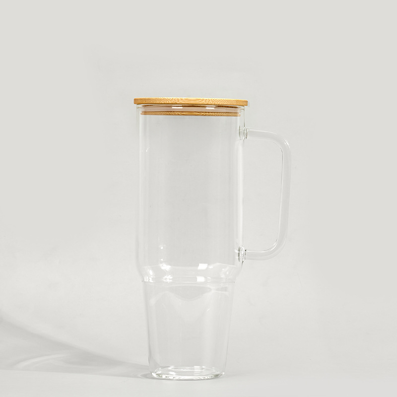 Tumbler de vidro de sublimação de 32 onças de 40 onças com maçaneta de bambu em branco Canecas de vidro transparente de bambo