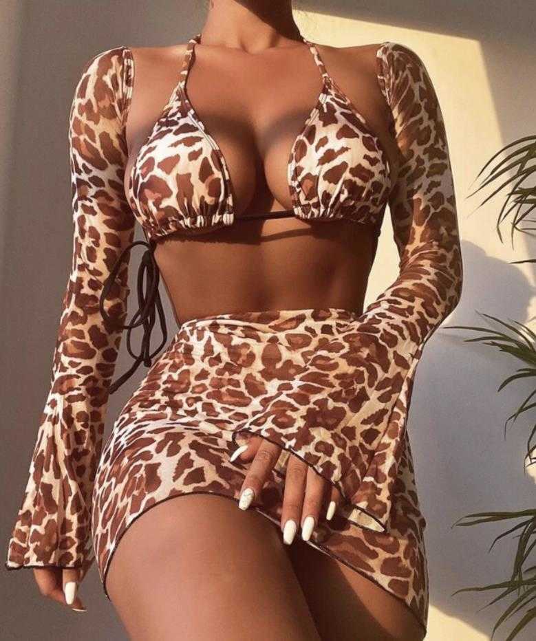 Swim Wear Women's Swimwear Women Sexig bikini Set med Cover-Up Kjol Sexig Ladies Beach Leopard Print Bikini Set Long Sleeve Bandage Bikini Kvinnlig baddräkt AA230529