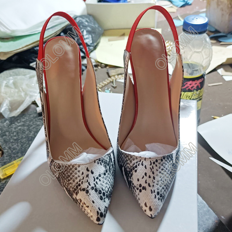 Olomm Handmade Women Spring Pumps Snake Mönster Stiletto klackar pekade tå underbara röda festskor kvinnor oss plus storlek 5-15