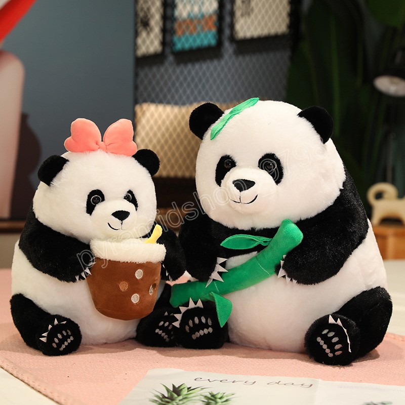 22/32cm Cartoon Plushie Panda Holding Bubble Cup Flowers Bamboo Dolls Mooie Panda Bear Pillow Toys Gevestigd zacht speelgoed voor baby