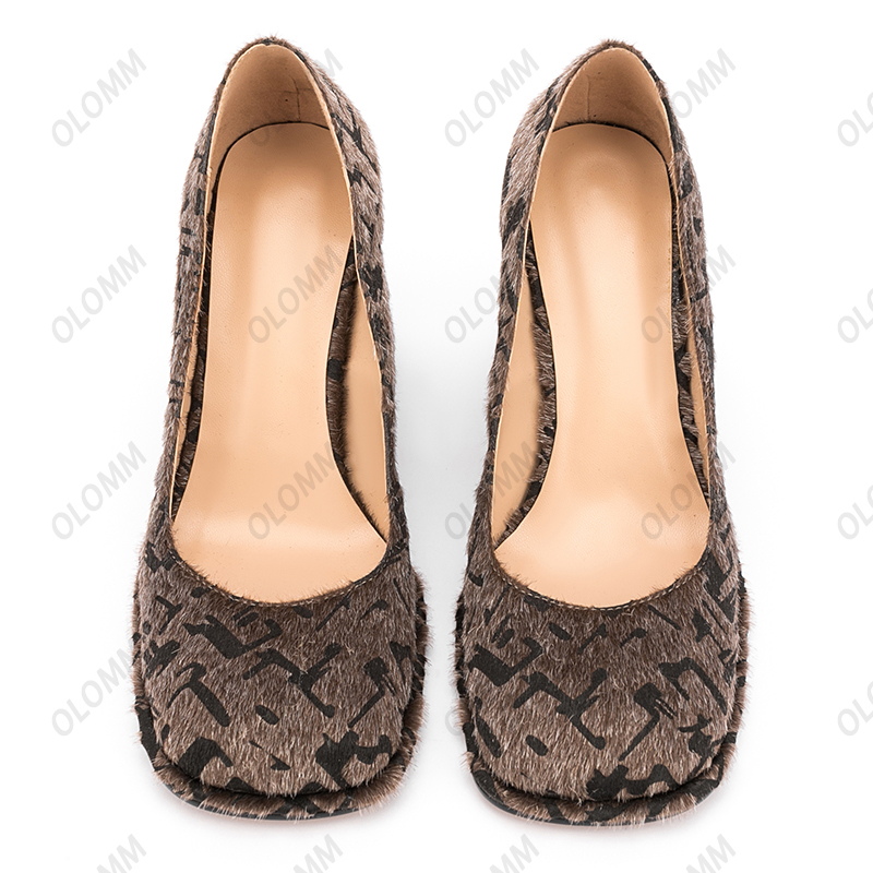 Olomm fait à la main femmes printemps pompes talons épais bout carré belle léopard chaussures de fête dames Plus taille américaine 5-13