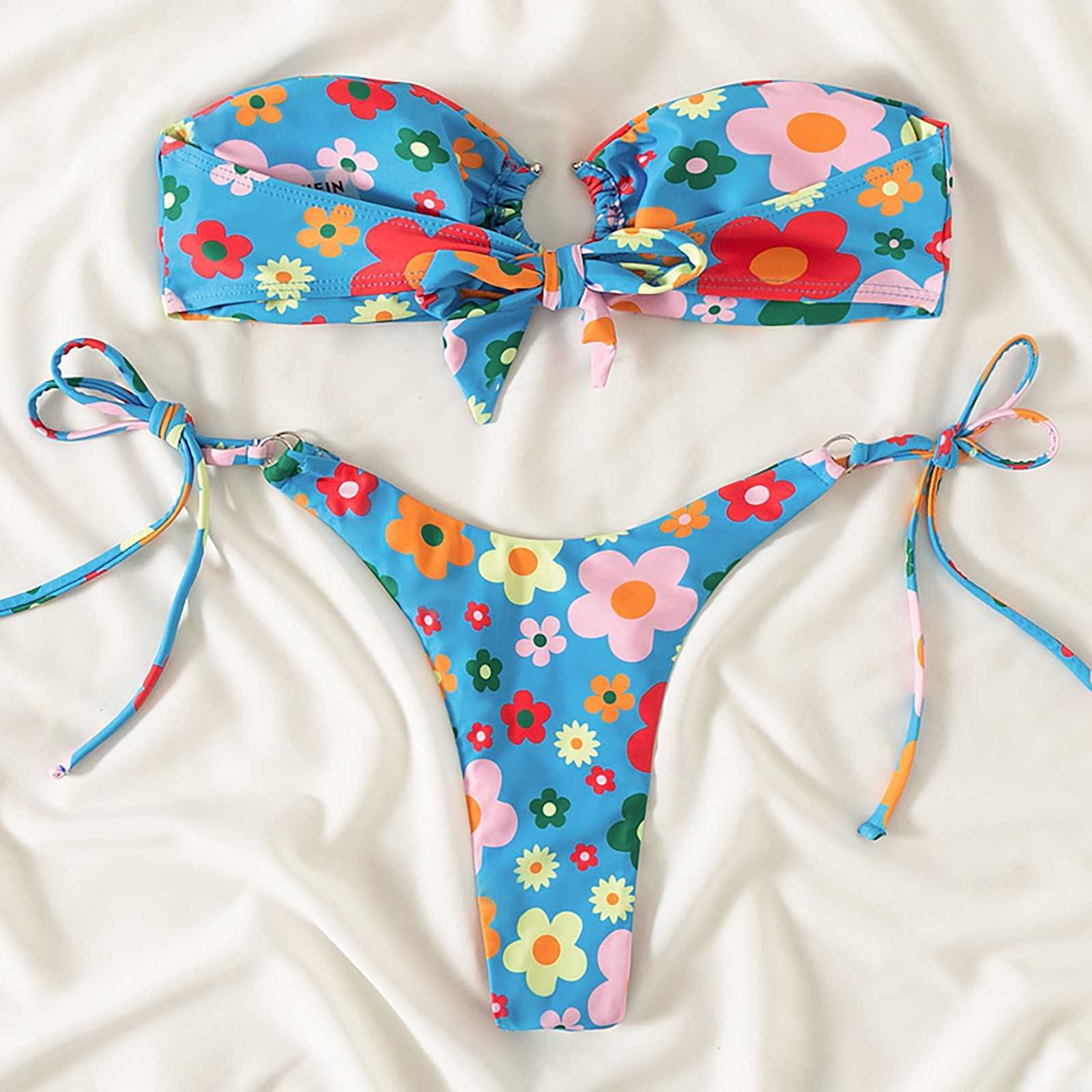 Badkläder sexig blommig bikini kvinnor rosa remmar låg midja badkläder baddräkt 2 stycken baddräkt biqiuni aa230529