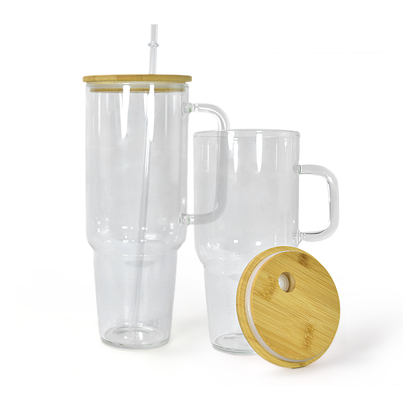 Tumbler de vidro de sublimação de 32 onças de 40 onças com maçaneta de bambu em branco Canecas de vidro transparente de bambo