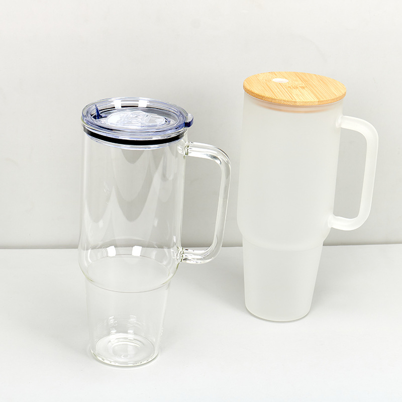 Tumbler de vidro de sublimação de 32 onças de 40 onças com maçaneta de bambu em branco Canecas de vidro transparente de bambo