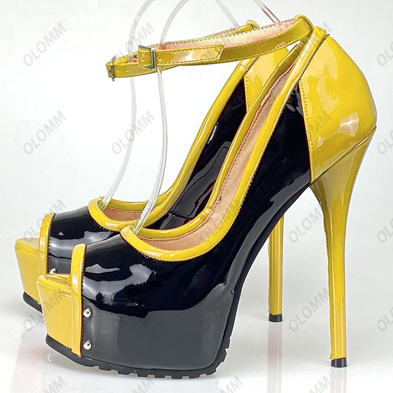 Olomm New Arrival Women Shiny Pumps Sexy Studs Stileetto Heels Peep Toe Night Club Wear Shoes Ladies USサイズ5-20