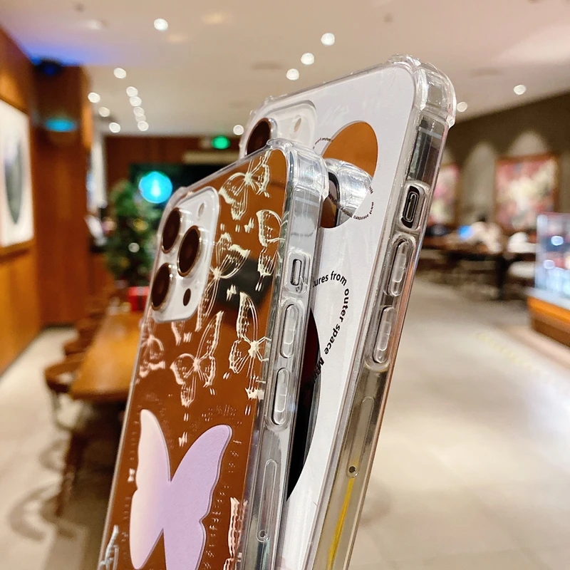 Luxur Mirror Butterfly Planet Mönster Telefonfodral för iPhone 14 11 13 12 Pro Max Plus stötsäker rygg