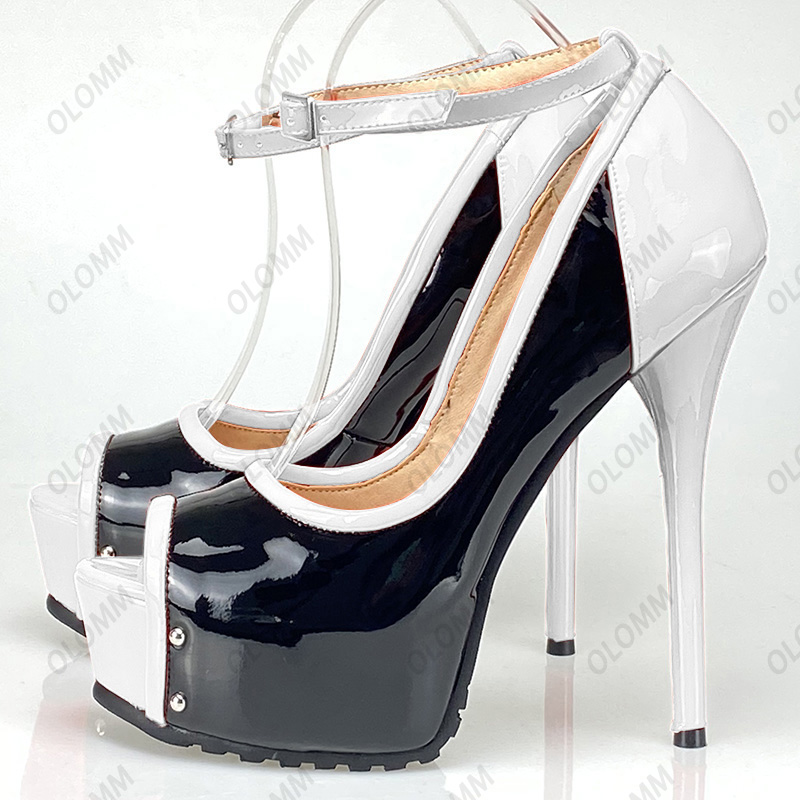 Olomm New Arrival Women Shiny Pumps Sexy Studs Stileetto Heels Peep Toe Night Club Wear Shoes Ladies USサイズ5-20