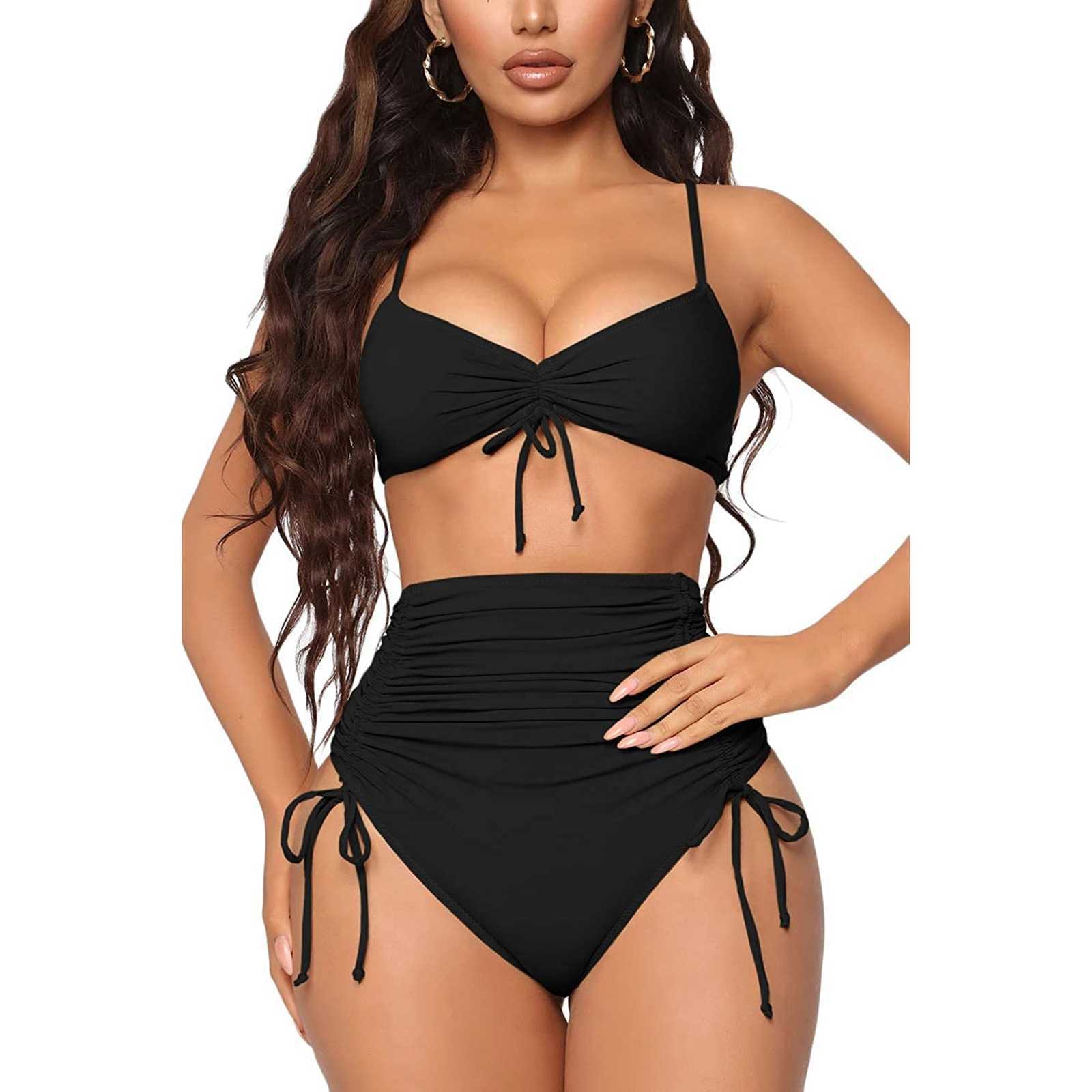 Fato de banho feminino Yiiciovy feminino cor sólida 2 pçs biquíni com cordão cintura alta conjunto de biquíni verão sexy praia praia maiô AA230529