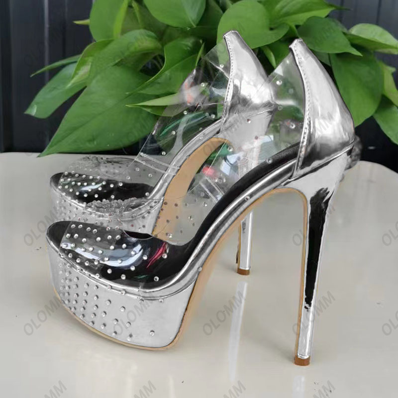 Olomm Handmade Women Spring Pumps Tacchi a spillo in PVC trasparente Peep Toe Splendido strass Club Shoes Ladies US Size 5-20