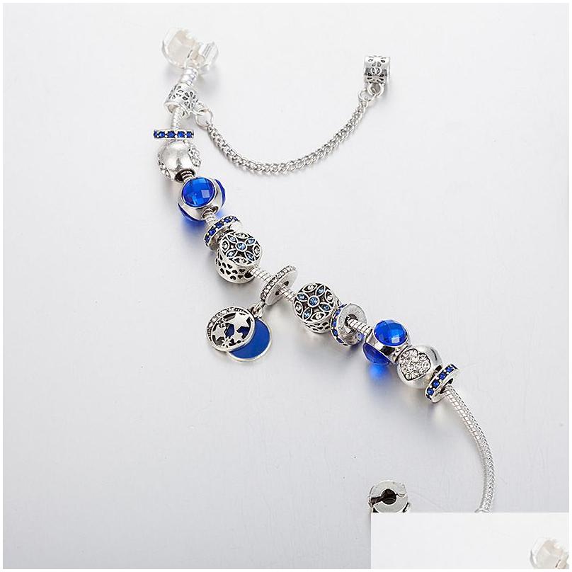 Bracelets de charme Mode Bleu Pendentif Bracelet pour Bijoux Sier Plaqué DIY Étoile Lune Perlée avec Boîte Drop Livraison Dhlae