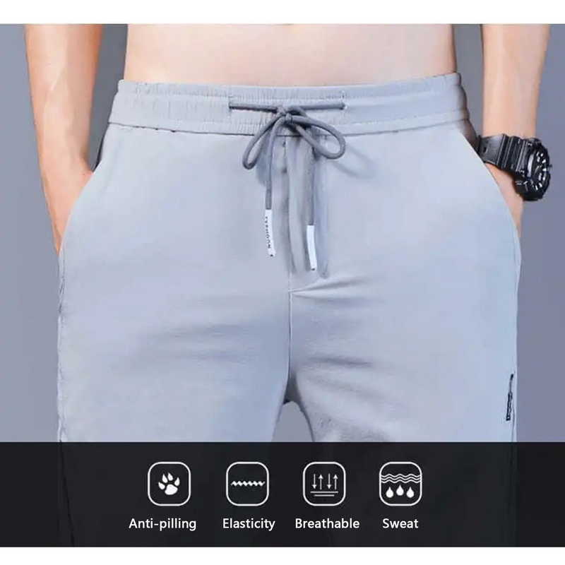 2023 Ijs Zijde Mannen Broek Zomer Sneldrogend Gym Broek Dunne Effen Mode Zakken Casual Rechte Pantalon Goede P230529