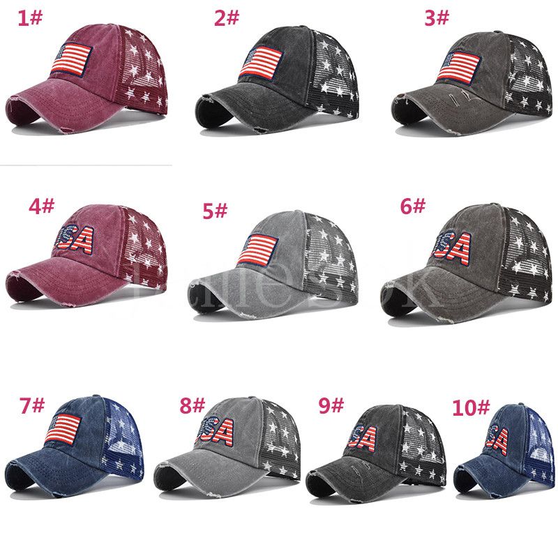 USA Cowboyhüte Trump American Baseball Caps Washed Distressed US Flags Stars Mesh Cap Sunshade Party Hat de192