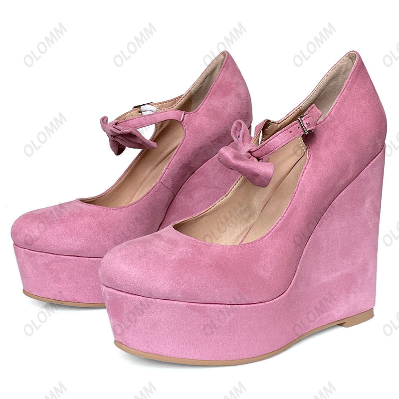 Olomm Handgemachte Damen-Pumps, Wildleder, Schmetterlingsknoten, sexy Keilabsatz, runde Zehen, 9 Farben, Party-Abschlussball-Schuhe für Damen, US-Größe 5–20