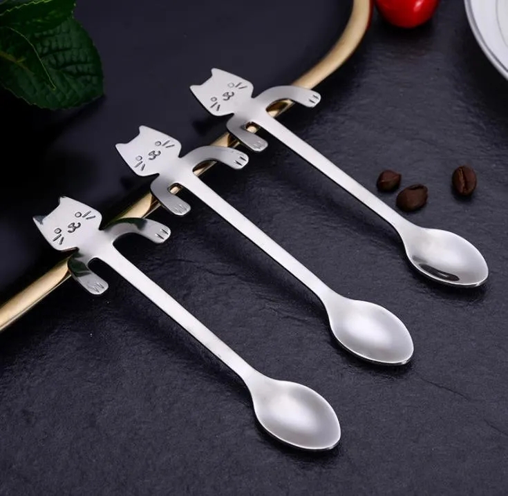 500 stks roestvrijstalen koffie thee lepel mini kat lange handgreep creatieve hangende lepels drinkgereedschap keukengadget flatware service