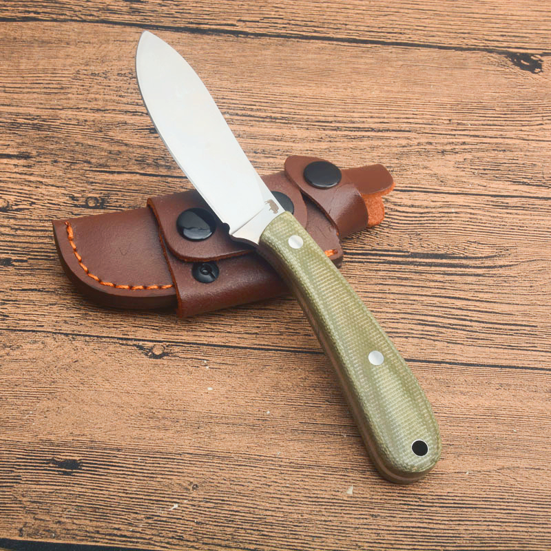 High Quality G2561 Survival Straight Knife 440C Satin Blade Full Tang Linen Handle Outdoor Camping Hiking Fishing Fixed Blade Knives with Leather Sheath