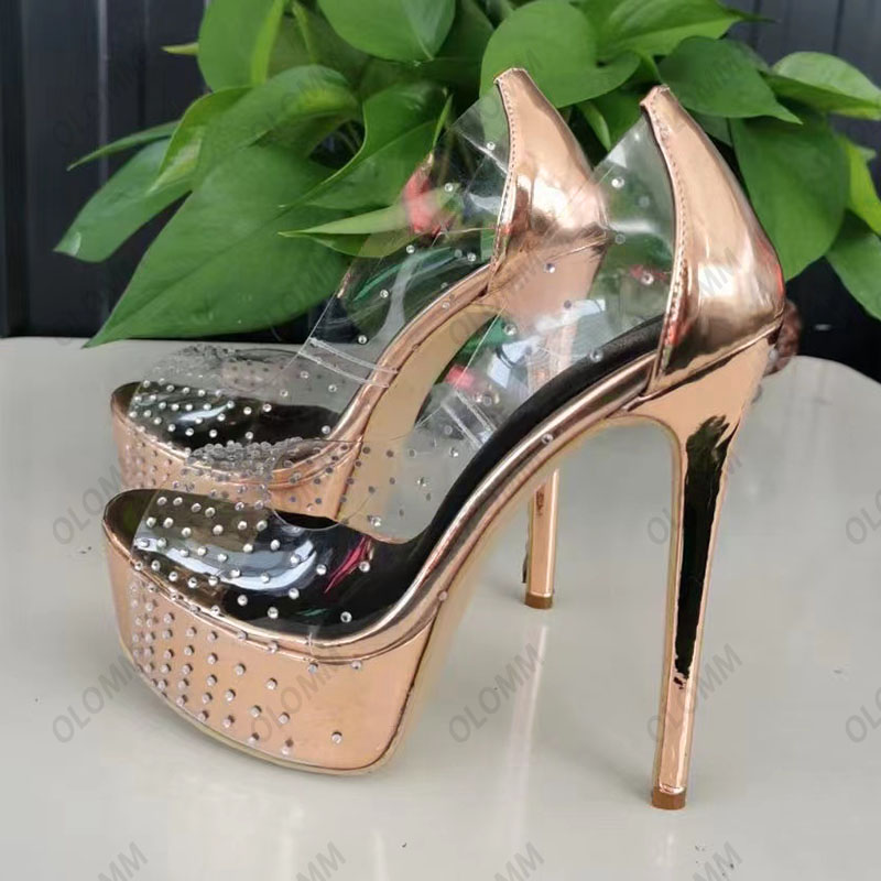 Olomm fait à la main femmes printemps pompes Transparent PVC talons aiguilles Peep orteil magnifique strass Club chaussures dames taille américaine 5-20