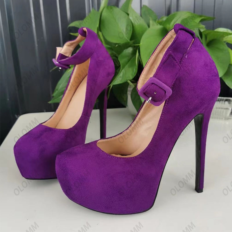 Olomm handgefertigte Damen-Pumps, Schnallenriemen, Wildleder, Stiletto-Absätze, runde Zehen, wunderschöne braune, lila, blaue, grüne Partyschuhe, US-Größe 5–20