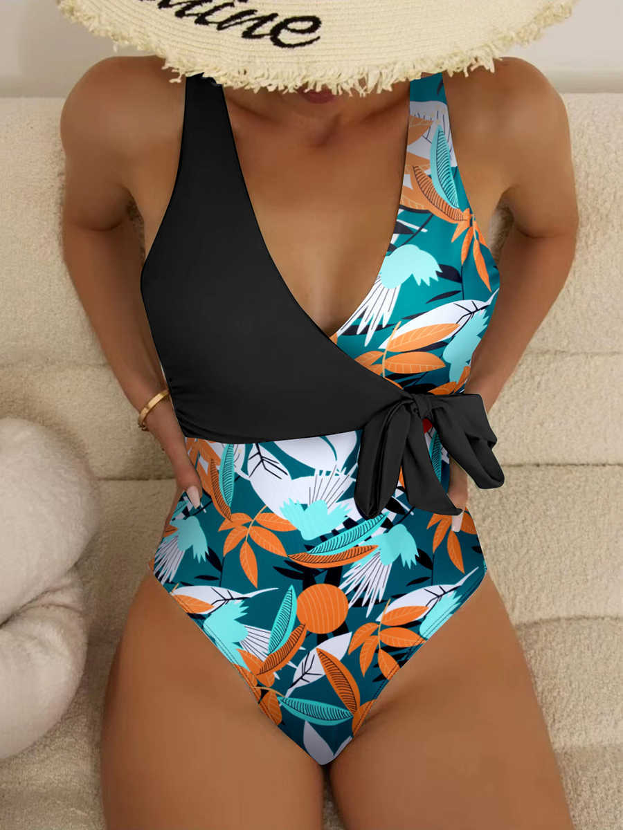 Swim Wear 2023 Тропический принт узел боковой купальный купальник с купальными костюмами.