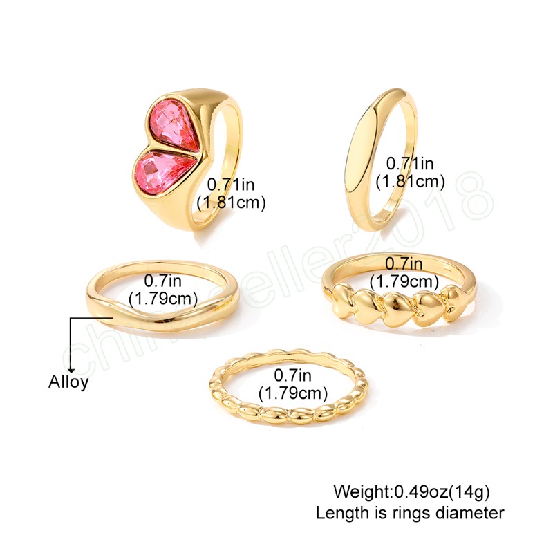 Süße rosa Kristall Zirkon Herz Ringe Set Gothic geometrische Gold Farbe Ring für Frauen Geschenk für Liebhaber Modeschmuck