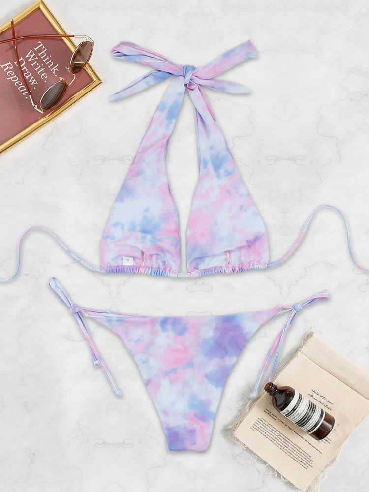 Bikini da donna 2023 New Tie Dye Micro Triangle Strap Bikini a due pezzi a vita alta perizoma Beach Swimwear P230530