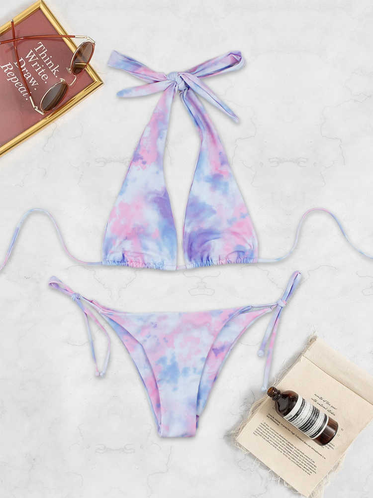 Bikini da donna 2023 New Tie Dye Micro Triangle Strap Bikini a due pezzi a vita alta perizoma Beach Swimwear P230530