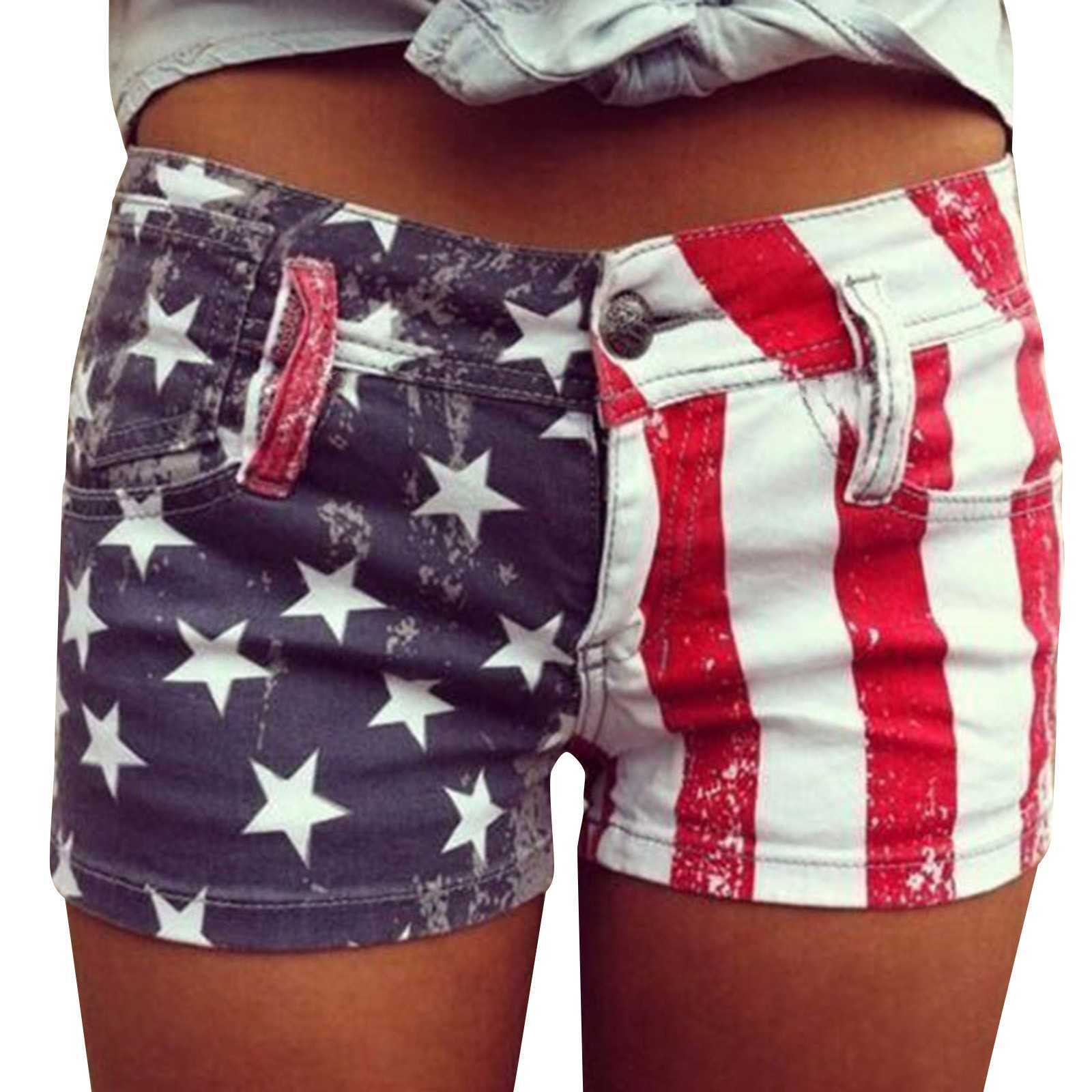 Short en jean imprimé drapeau américain pour femmes, vêtements d'été en bas, taille haute, P230530