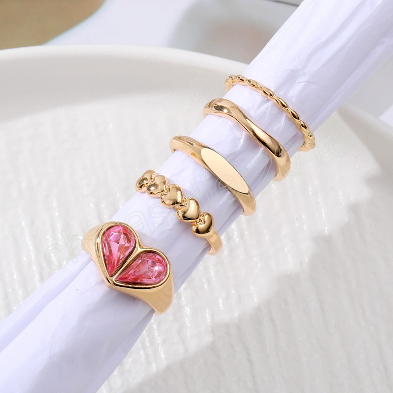 Süße rosa Kristall Zirkon Herz Ringe Set Gothic geometrische Gold Farbe Ring für Frauen Geschenk für Liebhaber Modeschmuck