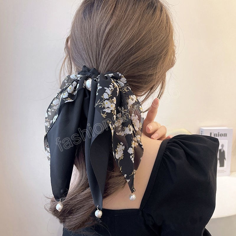 Korean Elegant Big Bowknot Floral Hair Scrunchies Women Pearl Pendant Long Ribbon Ponytail Scarf Knotted Elastic Hair Bands