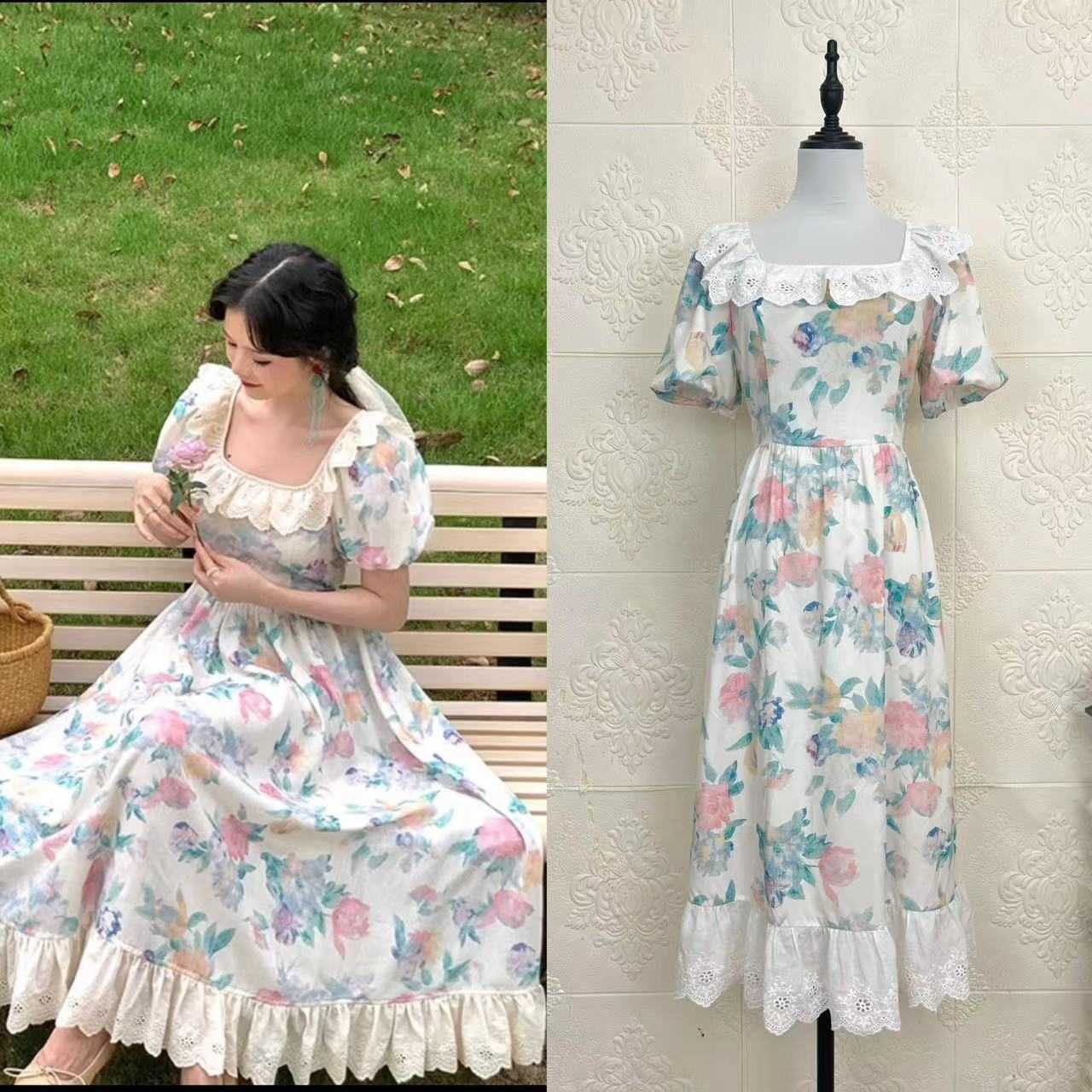 Summer Romantic Vintage Ruffles Puff Sleeve France Dress Women Floral Print Square Collar Holiday Dress Female Patchwork Vestido