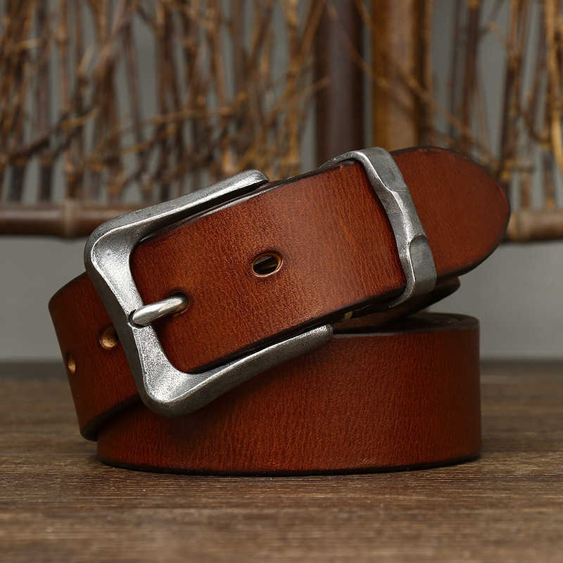 3.8CM thick vintage jeans real leather heavy-duty stainless steel buckle men's waist denim belt G230529