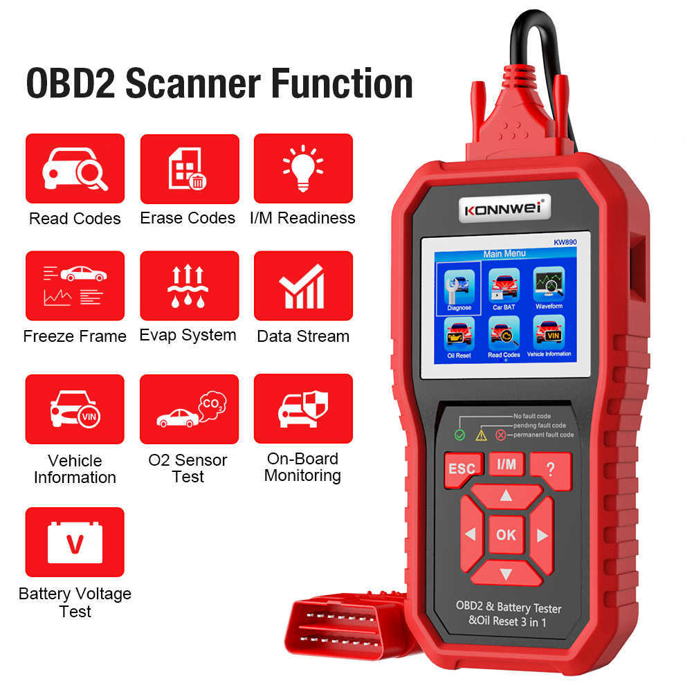 New KONNWEI KW890 Oil Reset OBD2 Scanner Car Professional Battery Tester Analyzer Engine Check Automotive Code Reader Diagnose Tool