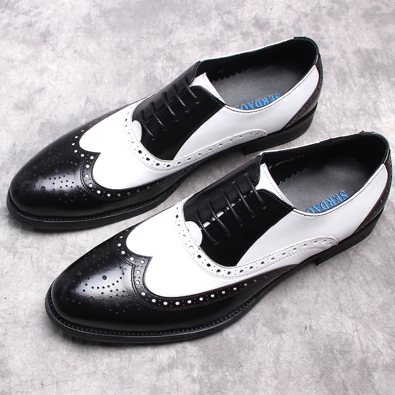 Mens Formal Brogue Shoes Genuine Leather Luxury Handmade Two Colors Oxford Business Wedding Party Lace-up Dress Shoes For Men