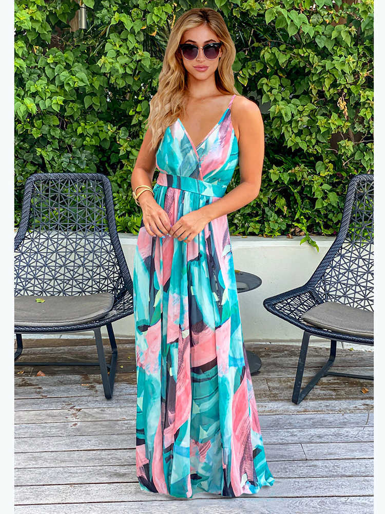 Klänningar kvinnors sommar casual v-hals bohemiskt blommor tryck lång elegant strandband ärmlös solklänning G220529