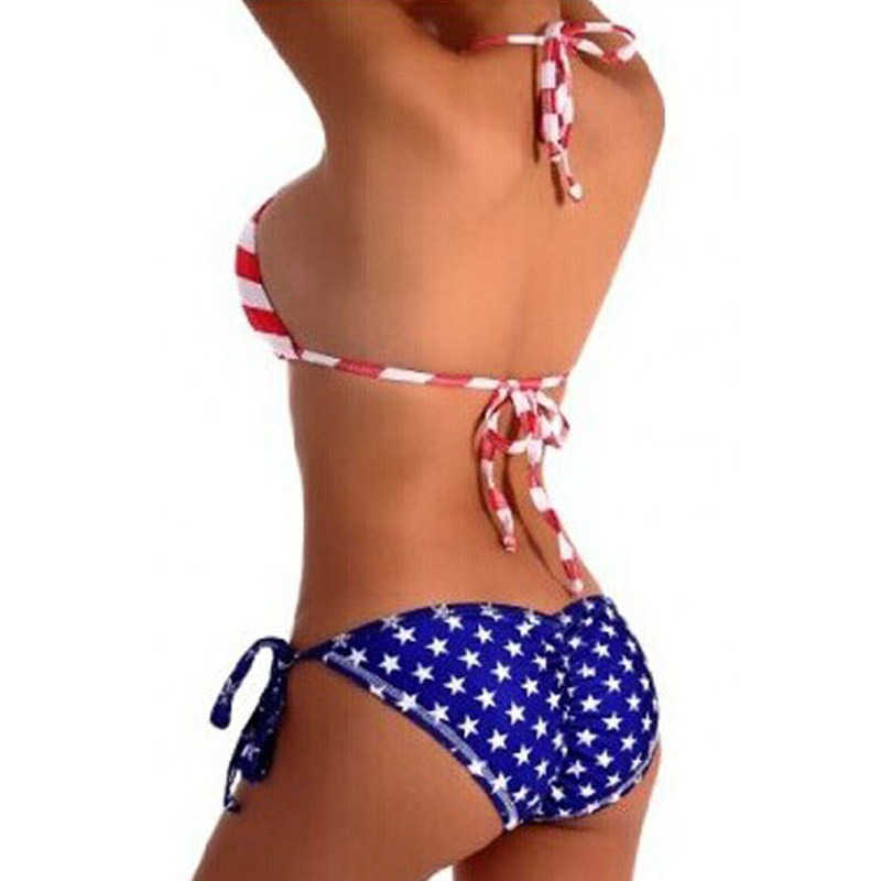 Low Rise Vintage Shoulder Bikini Girls Push Up Strap Traje de baño Mujer Bandera de EE. UU. Impreso BIKINI Set P230530