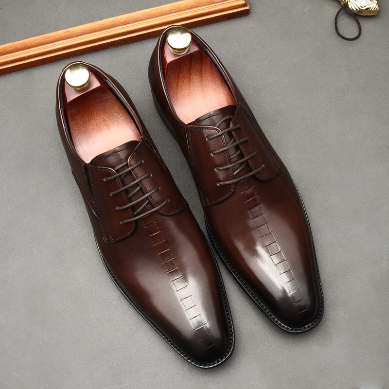 Italian Men Dress Shoes Genuine Calf Leather Black Brown Handmade Pointed Toe Lace-Up Brogue oxford Wedding Shoes For Men