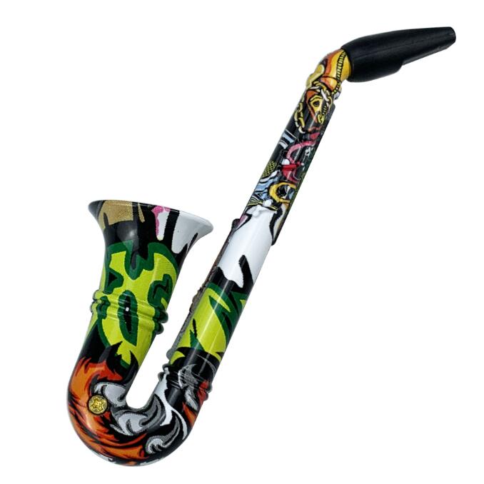 Dernière pipe à fumer colorée Saxophone trompette forme métal tabac filtre à main cigarettes tuyaux fumée outils accessoires avec écrans à mailles