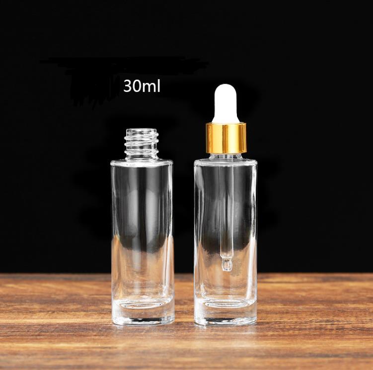 30ml Clear Glass Eye Dropper Bottles 1oz 두꺼운 벽 평평한 어깨 에센셜 오일 향수 병이있는 황금 상단 캡 SN5246