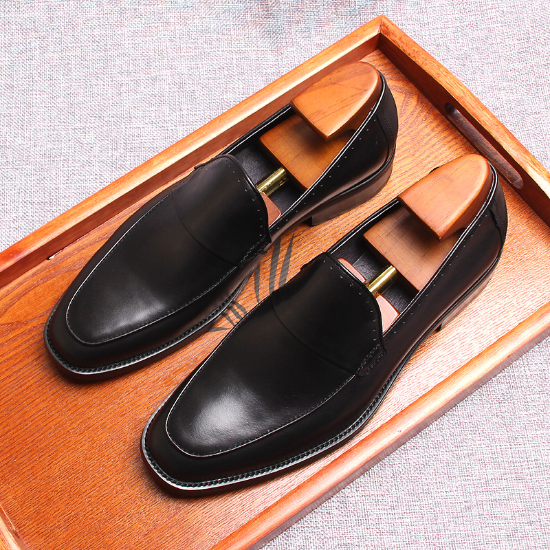 Mens Square Head Loafers Genuine Leather Black Brown Business Dress Shoes For Men Quality Handmade Slip On Male Oxford Shoes