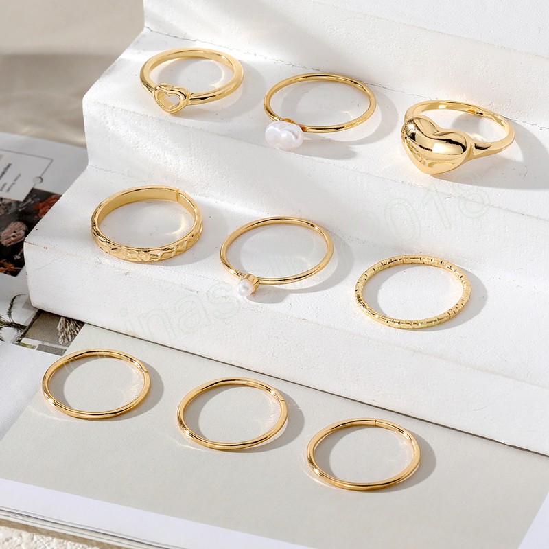 Set di anelli vintage a forma di cuore con stelle d'amore le donne, anello da dito irregolare con perle circolari, regalo gli amanti dei gioielli di moda
