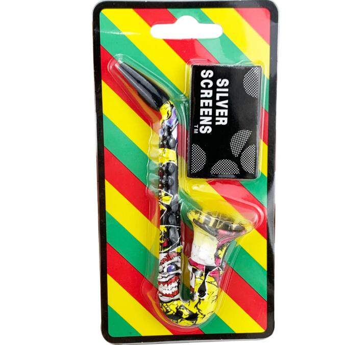 Dernière pipe à fumer colorée Saxophone trompette forme métal tabac filtre à main cigarettes tuyaux fumée outils accessoires avec écrans à mailles