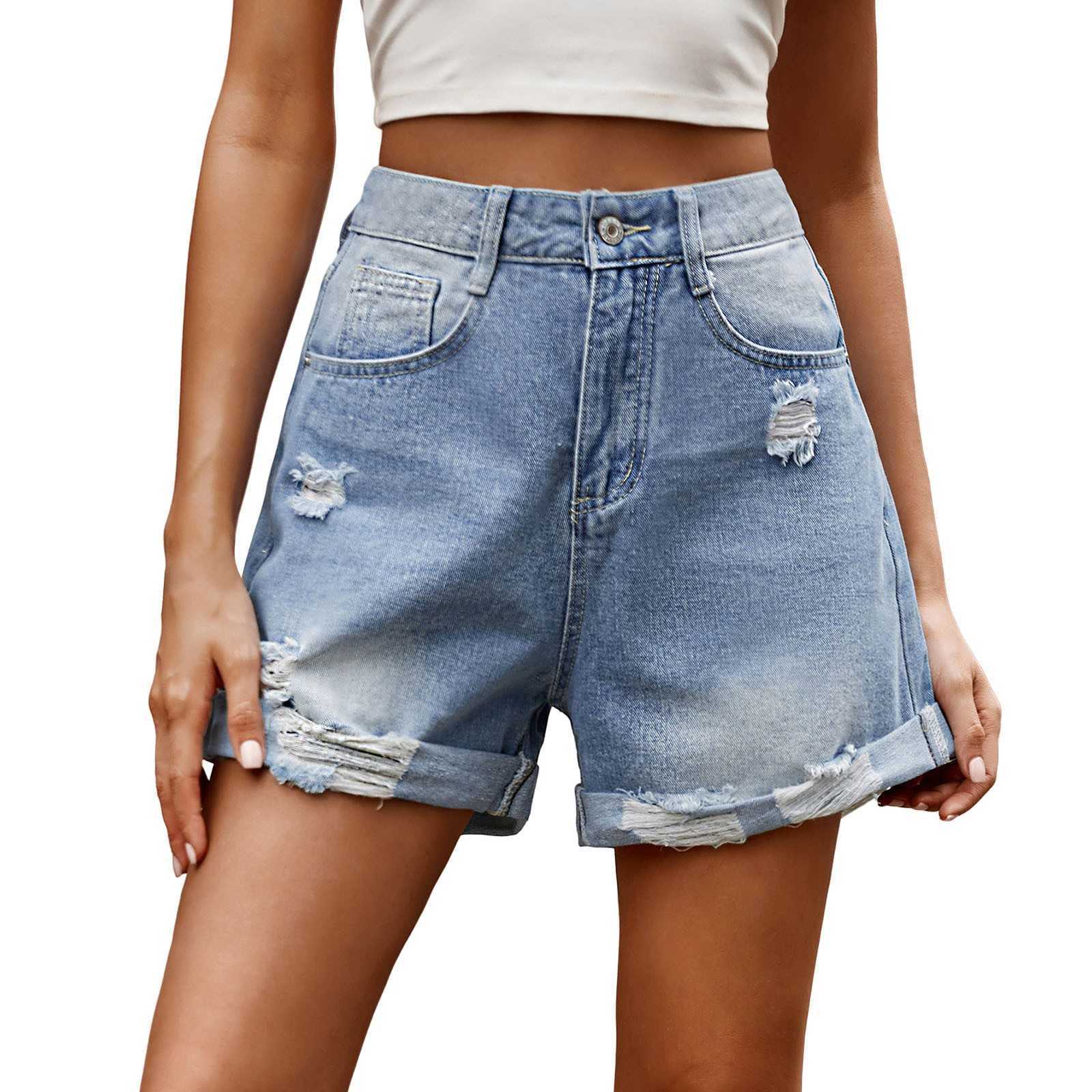 Vintage Tear Summer Women's Denim Roll Wash Shorts Hög midja Kort gata slitage P230530